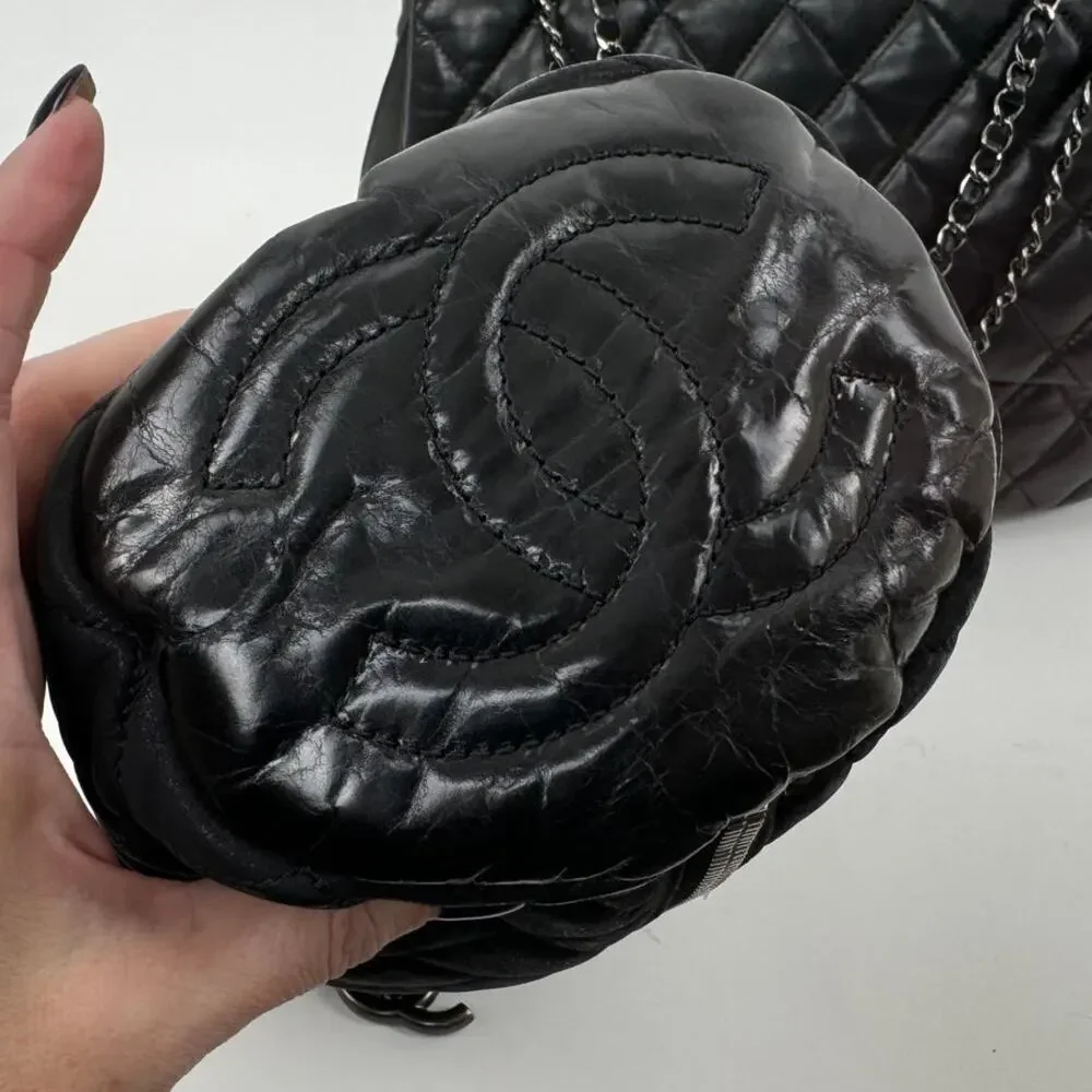 Chanel Black 3-way Leather & Patent Bag w/ Huge CC Charm /Runway Barrel Bag